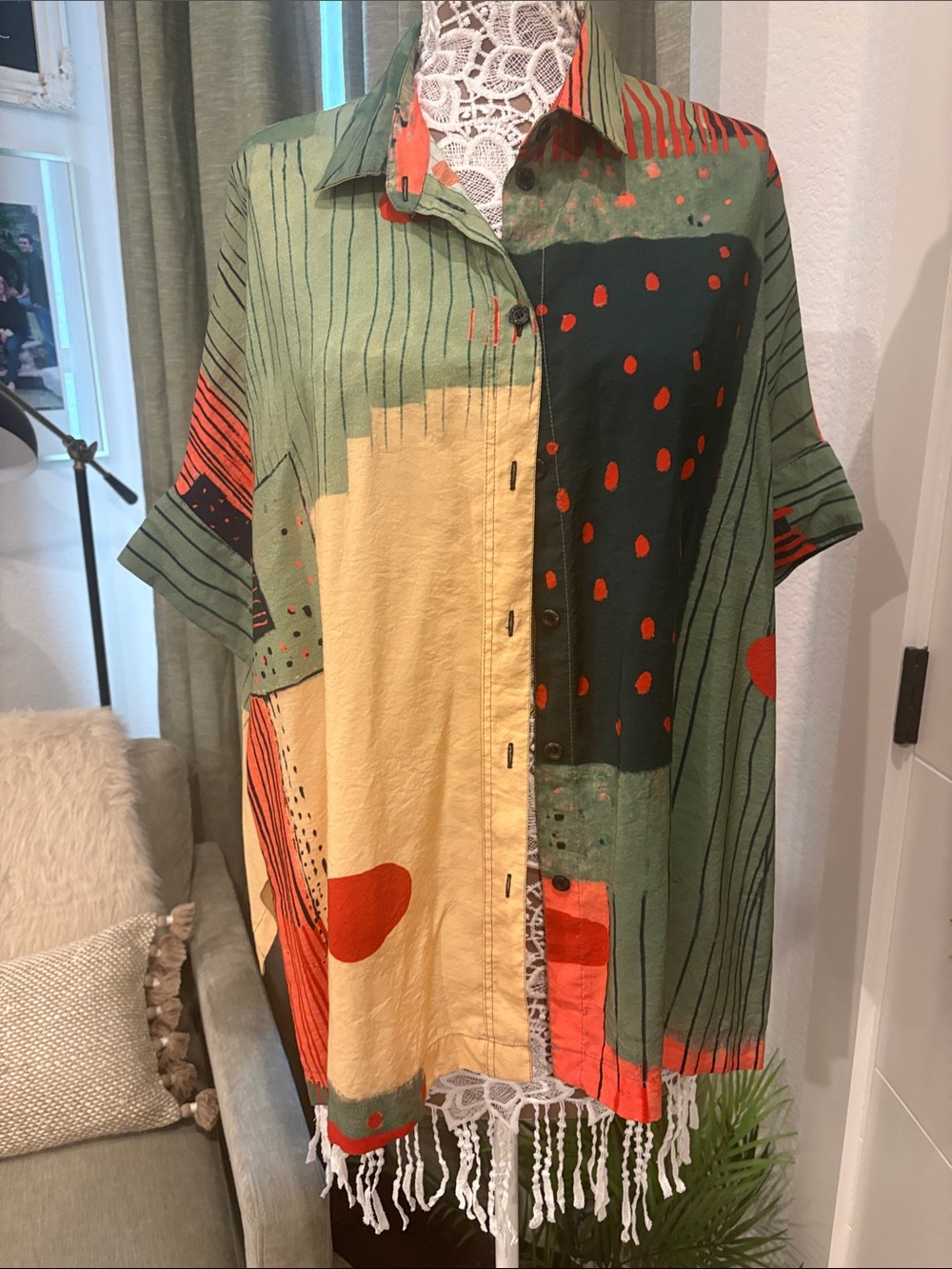 Women’s Green Multicolor Button-Down Short Sleeve Shirt